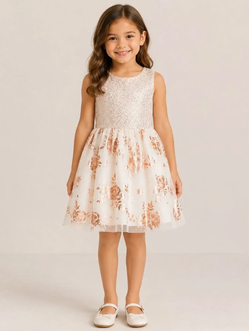 The Children’s Place Girls Rose Gold Foil Floral Party Dress Size 5/6  Brand: Th